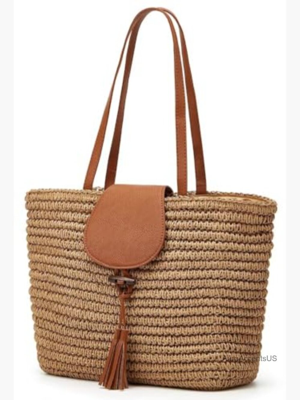 Large Handwoven Straw Beach Tote Shoulder Bag with Tassel - Picture 2 of 7